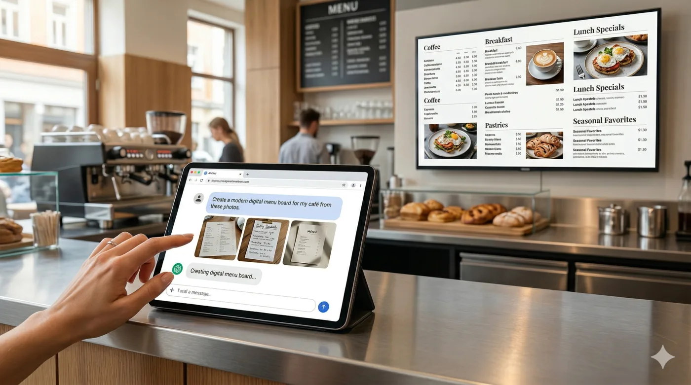 Tablet steuert ein digitales Display – agentView in Aktion